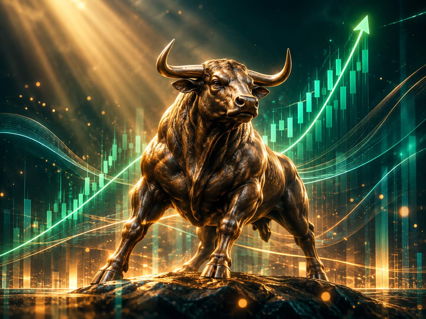 Powerful bronze bull statue with rising green chart lines behind it