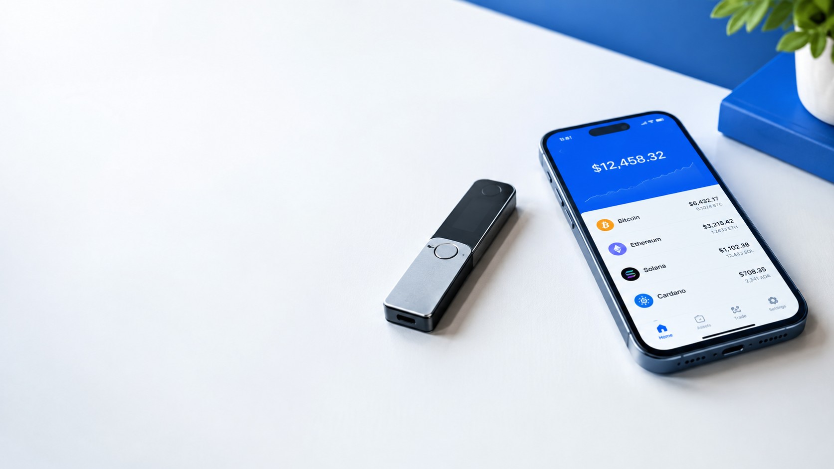 Sleek hardware crypto wallet device next to a smartphone wallet app
